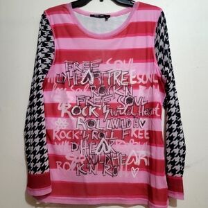 Marc Aurel Pink Free Rock & Roll Graphic Top Medium Stretch Colorblock